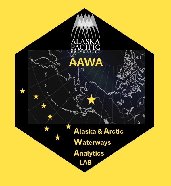A hexagon logo of the Alaska Pacific University's Alaska & Arctic Waterways Analytics Lab